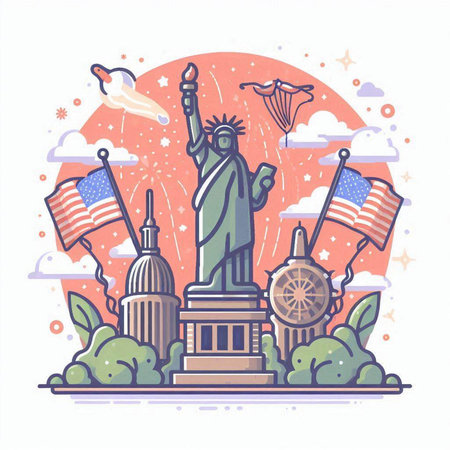 Statue of liberty with american symbols. Vector illustration in flat styleのイラスト素材