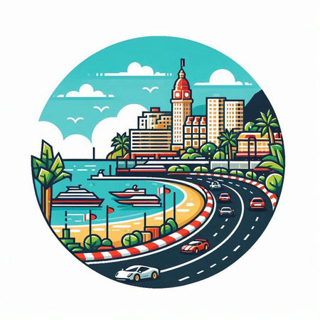 Cityscape round icon with road and skyscrapers, vector illustrationのイラスト素材
