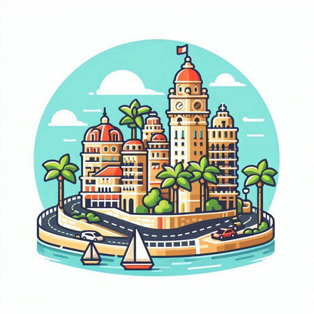 Vector illustration of a city with a view of the beach and the sea.のイラスト素材