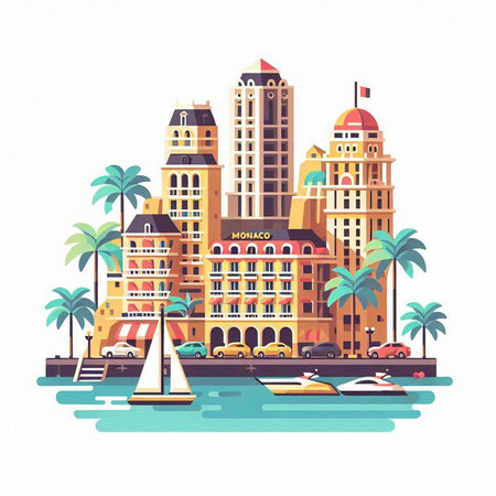 Vector illustration of a modern city in flat style with skyscrapers, palm trees and boats.のイラスト素材