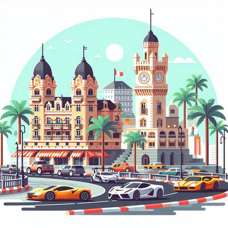 Vector illustration of the main street of the city with the clock tower, palm trees and carsのイラスト素材