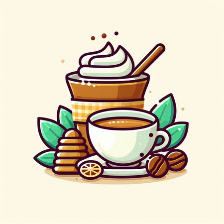 Coffee cup with cream and honey. Vector illustration in cartoon style.のイラスト素材
