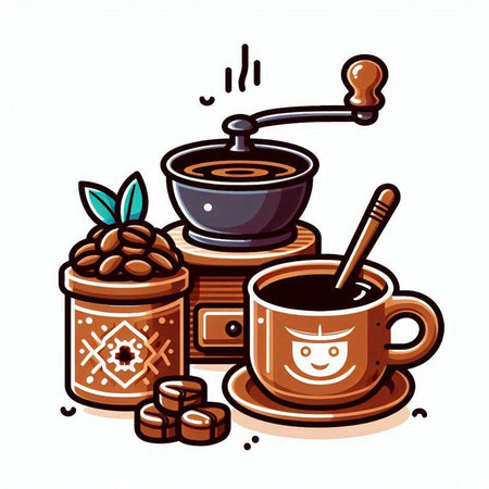Coffee grinder and cup with coffee beans. Vector illustration.のイラスト素材