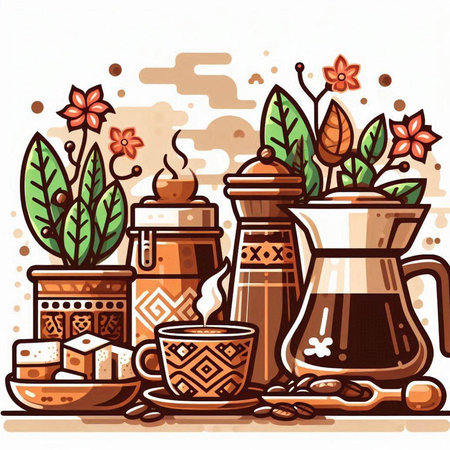 Coffee pot, cups and beans. Hand drawn vector illustration.のイラスト素材