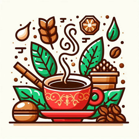 Coffee cup with beans, leaves and cinnamon sticks. Vector illustration.のイラスト素材