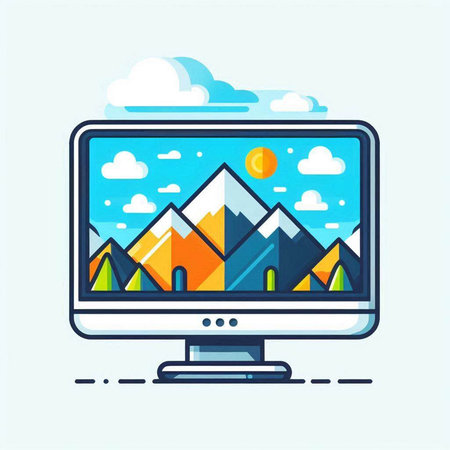 Vector illustration of modern flat design concept of mountain landscape with mountains and sun on screen.のイラスト素材