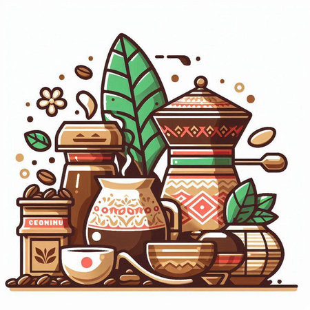 Coffee pot, teapot, cups and beans. Vector illustration.のイラスト素材