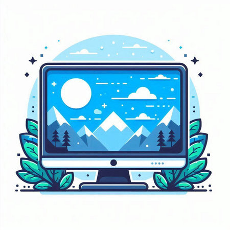 Computer screen with mountains and forest. Vector illustration in flat style.のイラスト素材