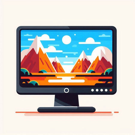 Computer monitor with mountain landscape. Vector illustration in flat cartoon style.のイラスト素材