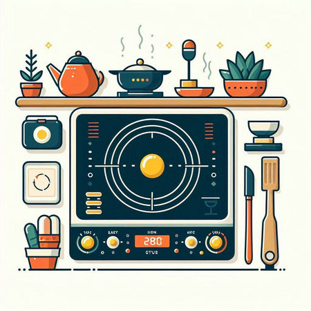 Kitchen stove with utensils. Vector illustration in flat styleのイラスト素材