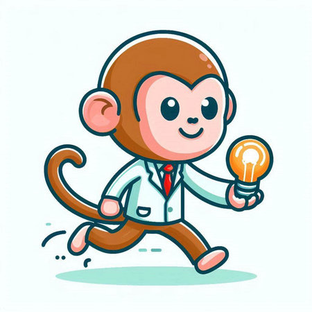 Cute monkey running and holding a light bulb. Vector illustration.のイラスト素材