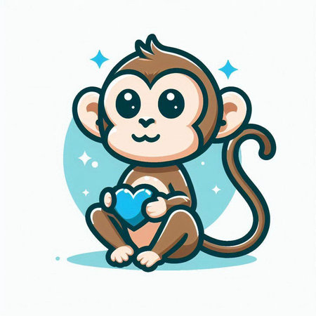 Cute cartoon monkey sitting and holding blue heart. Vector illustration.のイラスト素材