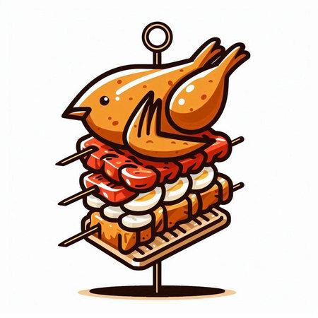 Illustration of a grilled chicken on skewers. Vector illustration.のイラスト素材