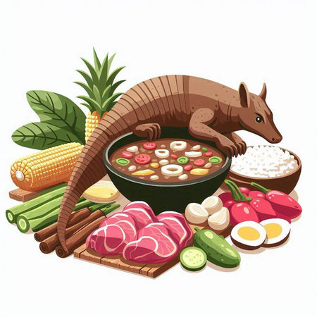 Illustration of a crocodile eating soup with vegetables and meat.のイラスト素材