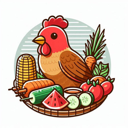 Vector illustration of a rooster with fruits and vegetables on a white backgroundのイラスト素材