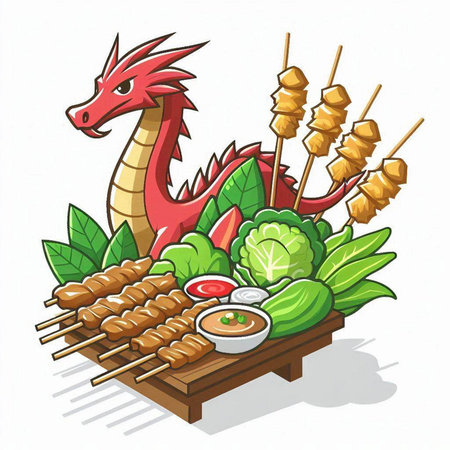 Illustration of a dragon and vegetables in a wooden plate with chopsticksのイラスト素材