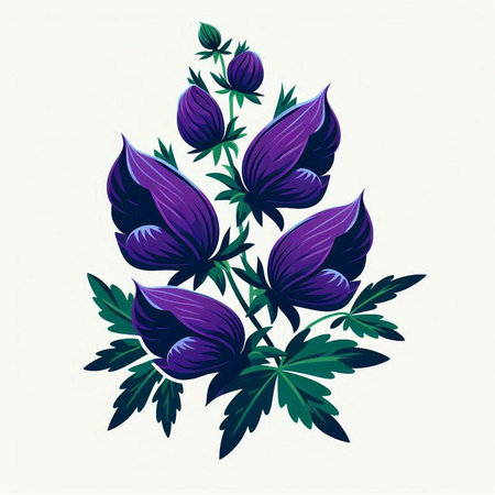 Illustration of violet flowers with green leaves on a white background.のイラスト素材