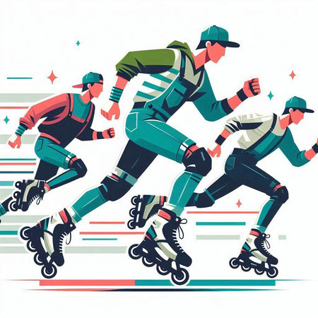 Roller skaters in action. Vector illustration in flat style.のイラスト素材