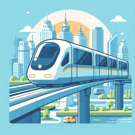High-speed train on the background of the city. Vector illustrationのイラスト素材