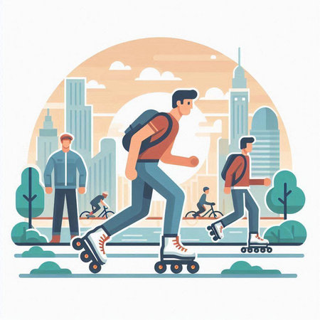 People rollerblading in the city. Vector illustration in flat styleのイラスト素材