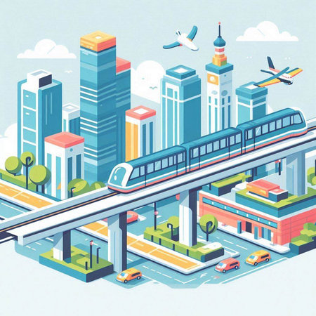 Vector illustration of modern city in isometric style with train and skyscrapersのイラスト素材