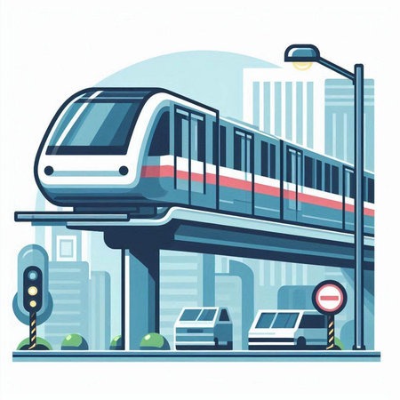 Modern high-speed train on the city street. Vector illustration.のイラスト素材