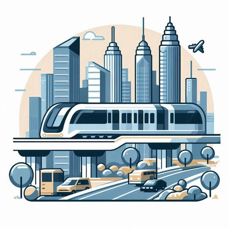 Modern high-speed train on the background of the city. Vector illustrationのイラスト素材