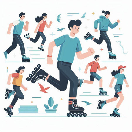 People on roller skates. Vector illustration in flat cartoon style.のイラスト素材