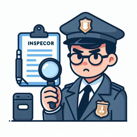 Policeman with a magnifying glass and checklist. Vector illustration.のイラスト素材