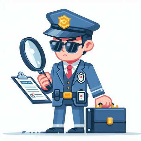 Policeman with magnifying glass and briefcase. Vector illustrationのイラスト素材