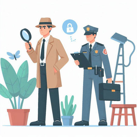 Vector illustration of a detective and detective with a magnifying glass.のイラスト素材