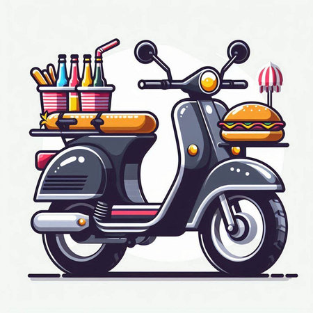 Vintage scooter and fast food. Vector illustration in retro style.のイラスト素材