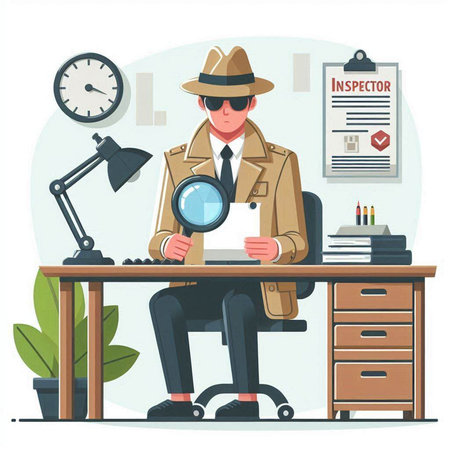 Man in hat sitting at desk and looking through magnifying glass. Detective at work. Vector illustrationのイラスト素材