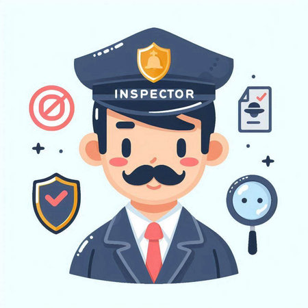Policeman in a blue suit and a hat with a mustache. Vector illustration.のイラスト素材