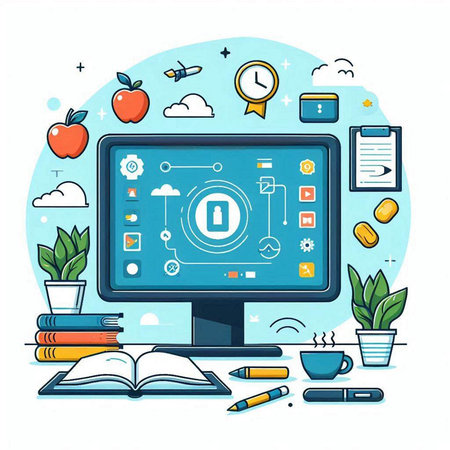 Online education concept. Vector illustration of computer screen with doodle iconsのイラスト素材