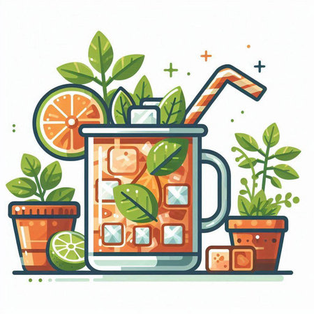 Mojito drink with ice cubes, lemon and mint. Vector illustration.のイラスト素材