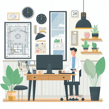 Flat design illustration of a man working in a home office.のイラスト素材