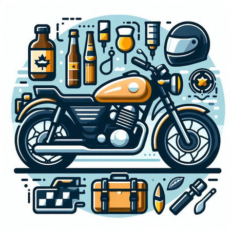 Motorcycle service. Motorcycle helmet, bottle of beer and other accessories. Vector illustrationのイラスト素材