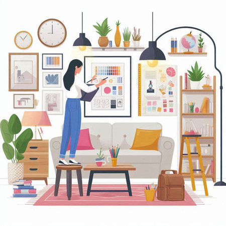Woman working at home. Home office. Vector illustration in flat styleのイラスト素材