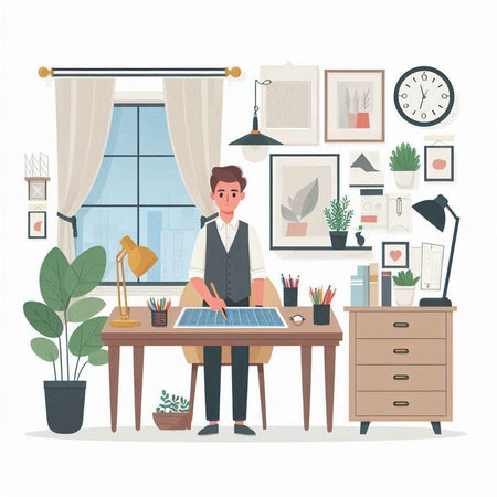 Man working at home. Freelance and remote work. Vector illustrationのイラスト素材