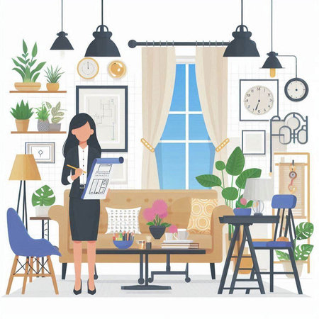 Vector illustration of a woman working in the office. Flat style.のイラスト素材