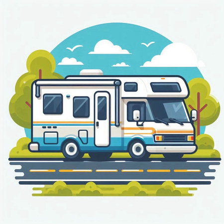 Camper on the road. Vector illustration in flat design style.のイラスト素材