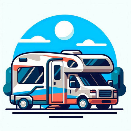 Camper car. Camping in the mountains. Vector illustration.のイラスト素材
