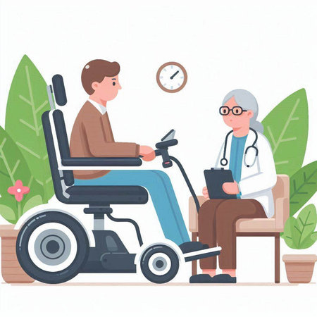 Patient in a wheelchair with a doctor. Vector illustration in flat style.のイラスト素材