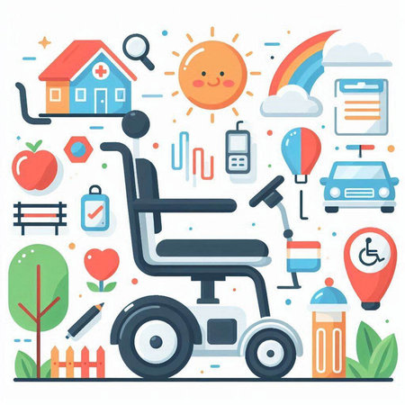 Disabled person. Wheelchair and different icons. Vector illustration.のイラスト素材