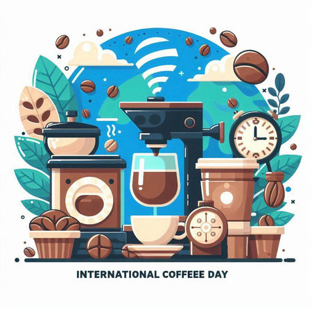 International coffee day poster with coffee maker, cup, beans and clock. Vector illustrationのイラスト素材