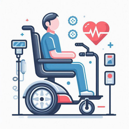 Handicapped man in wheelchair with heart rate monitor. Vector illustration.のイラスト素材