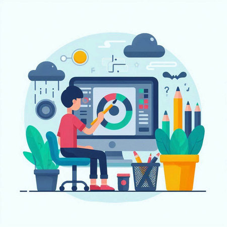 Programmer working on computer. Vector illustration in flat cartoon style.のイラスト素材