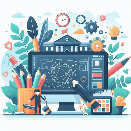 Vector illustration of modern graphic designer workplace with computer, stationery and other items. Flat design style.のイラスト素材