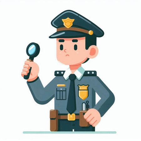 Policeman with magnifying glass and briefcase. Vector illustrationのイラスト素材